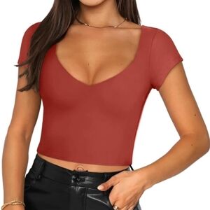Women's Burnt Orange Red V-Neck Crop Top